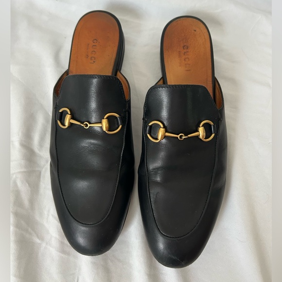 Gucci Shoes - Gucci Black Leather Horsebit Mules with Gold Hardware